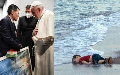 Paus ontmoet vader van overleden vluchtelingenjongetje op historische foto