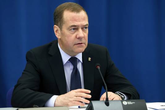 Russian Security Council Deputy Chairman and the head of the United Russia party Dmitry Medvedev attends a meeting of the United Russia Party in Moscow, Russia, Tuesday, July 18, 2023. (Ekaterina Shtukina, Sputnik Pool Photo via AP)