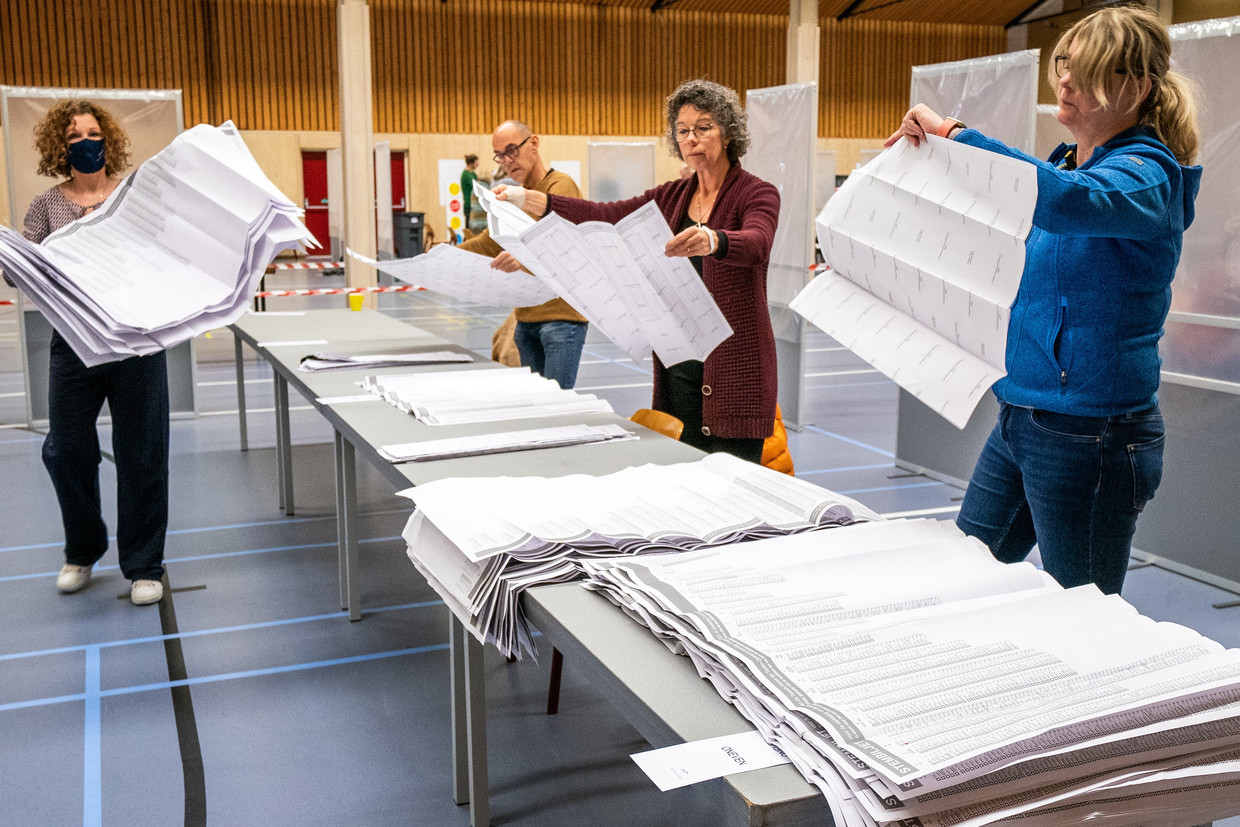 In het centraal telbureau in de Friese gemeente Joure worden de briefstemmen geteld. Zo’n 82 procent van de kiesgerechtigden bracht zijn stem uit.  Beeld Photo News