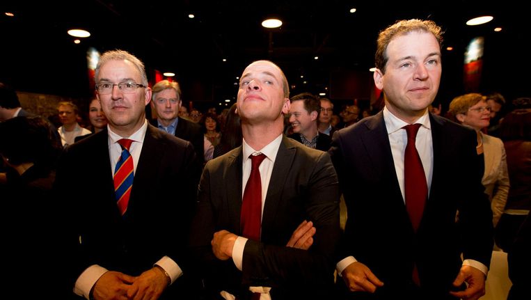 Ahmed Aboutaleb, Diederik Samsom en Lodewijk Asscher tijdens het jaarlijkse partijcongres van de PvdA, februari 2016. Beeld anp