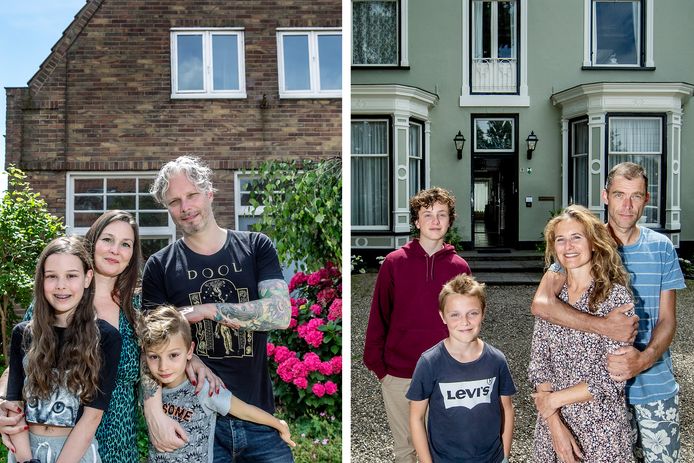Links: Lola, Iris, Jeroen en Pijke wonen in Velp, maar tijdelijk in Amsterdam-Noord.
Rechts: Sten, Moshe, Dieuwertje en Flint wonen in Amsterdam-Noord, en nu dus een weekje in Velp.