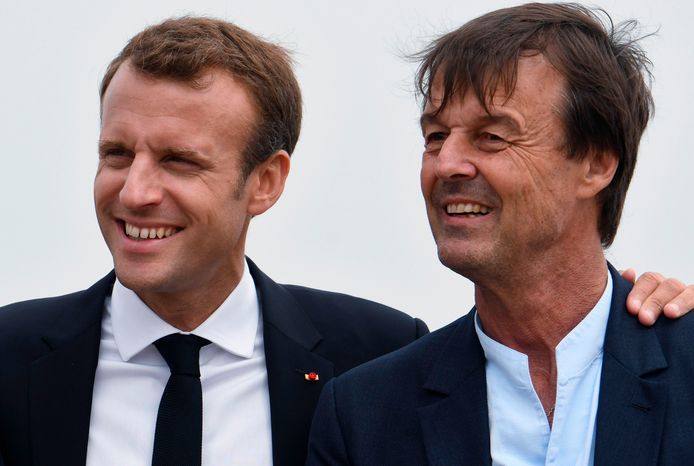 President Emmanuel Macron met zijn minister van Ecologische Transitie Nicolas Hulot, die vanmorgen ontslag nam uit de Franse regering.