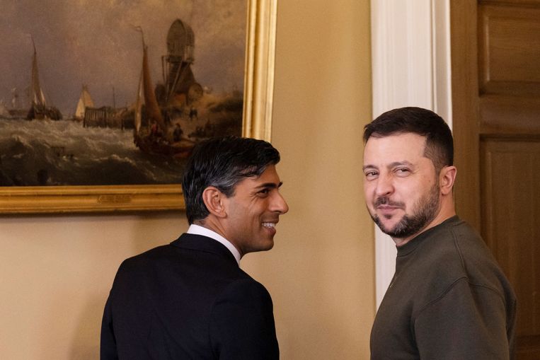 President Zelensky en premier Sunak woensdag op 10 Downing Street, de ambtswoning van de Britse premier.  Beeld AFP