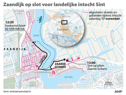 Landelijke intocht Sinterklaas in Zaanstad, overzicht route zaterdag 17 november van Zaandijk naar Zaanse Schans. ANP INFOGRAPHICS