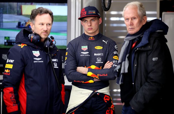 Helmut Marko (r) met Max Verstappen en teambaas Christian Horner