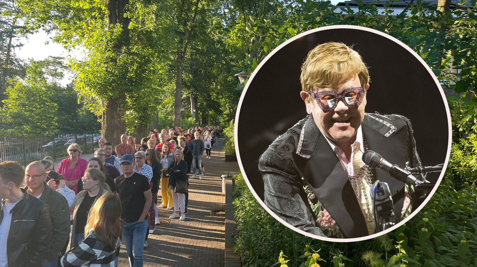In de rij bij Burgers’ Zoo voor een pendelbus naar Gelredome voor het concert van Elton John (inzet).