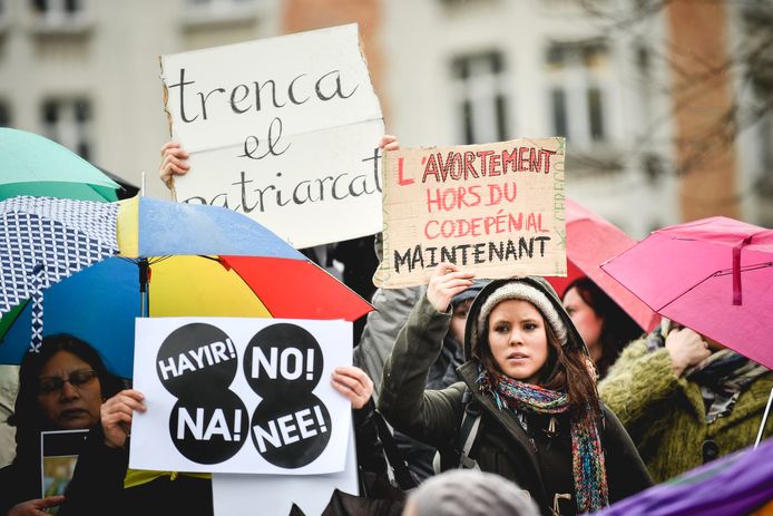 Een protestactie in het kader van Internationale Vrouwendag in Brussel in 2017.