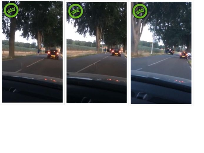 In drie beelden is te zien hoe een bestuurder uit zijn auto springt voor een keke-challenge, maar het eindigt in een overduidelijke 'fail'.