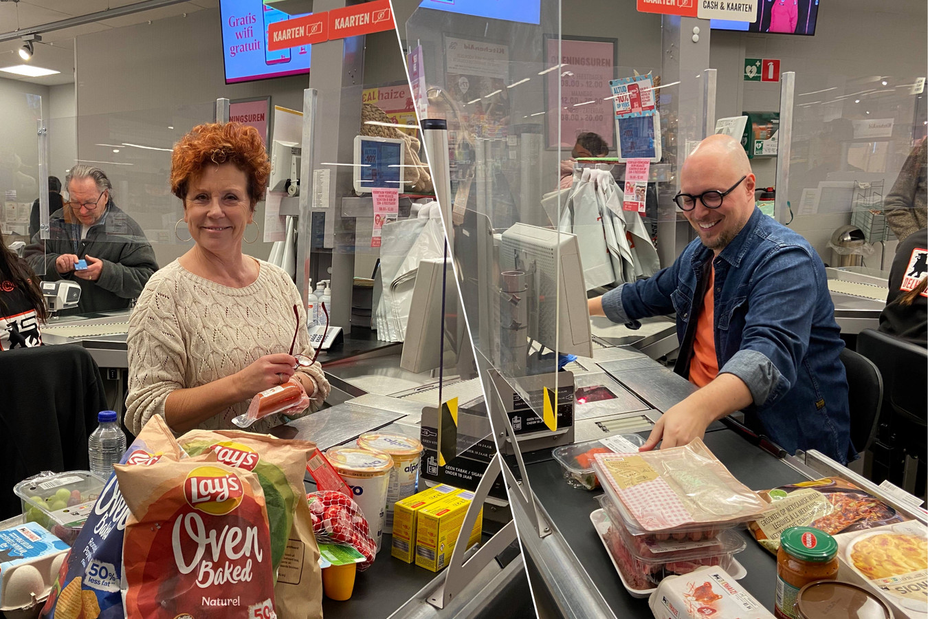 KIJK. Bart & Béa bemannen kassa van Delhaize in Schoten voor allereerste opening op zondag