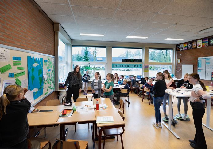 Juf Anouk van der Sande en leerlingen van haar groep 7/8 van 't Rendal in Lierop hebben samen de themamuur over poolgebieden vormgegeven. De school werkt volgens de methodiek VierKeerWijzer.