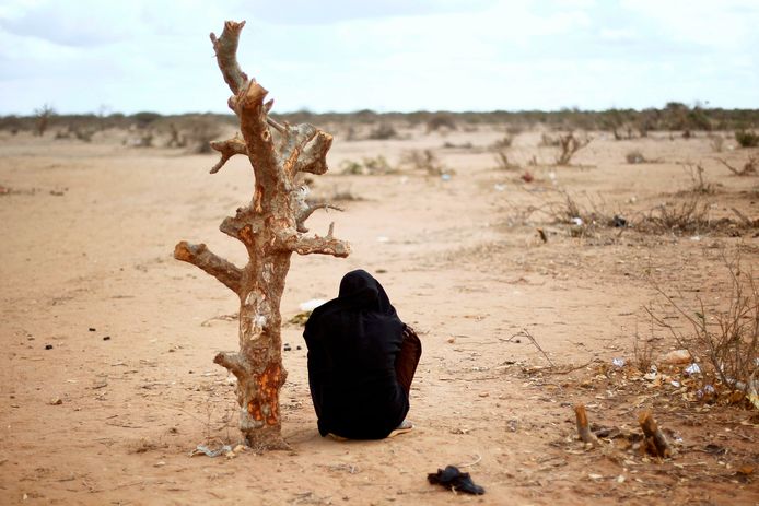 Een zwangere Somalische vrouw zit bij een boomstam in een vluchtelingenkamp. Wetenschappers zeggen dat klimaatverandering het aantal asielzoekers in de EU enorm gaat verhogen.