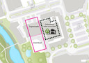 Een schets van de locatie voor het nieuwe zwembad in Veghel. Op de plek van het huidige zwembad De Beemd zijn supermarkt Aldi en een flinke parkeerplaats gepland.