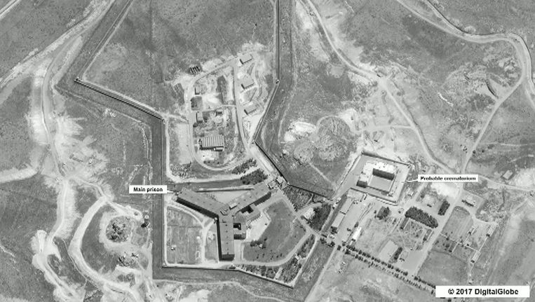 De gevangenis van Sednaya, vlak buiten de Syrische hoofdstad Damascus, waar duizenden gevangenen opgesloten zitten, veelal politieke tegenstanders van het regime van Bashar al-Assad. Beeld anp