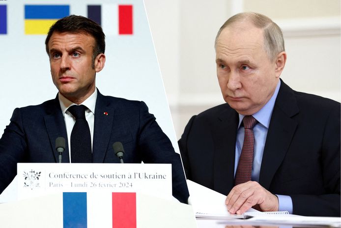 Fotomontage. De Franse president Emmanuel Macron / De Russische president Vladimir Poetin.