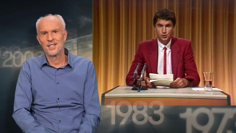 Mark Uytterhoeven vroeger – in ‘Sportweekend’ – en nu – bij een terugblik op het 60-jarige sportprogramma. Beeld VRT