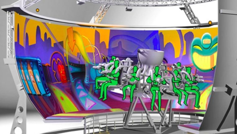 In het virtuele pretpark zitten de bezoekers in attracties die omsingeld zijn door beeldschermen, van waaruit van alles op je afkomt Beeld RV