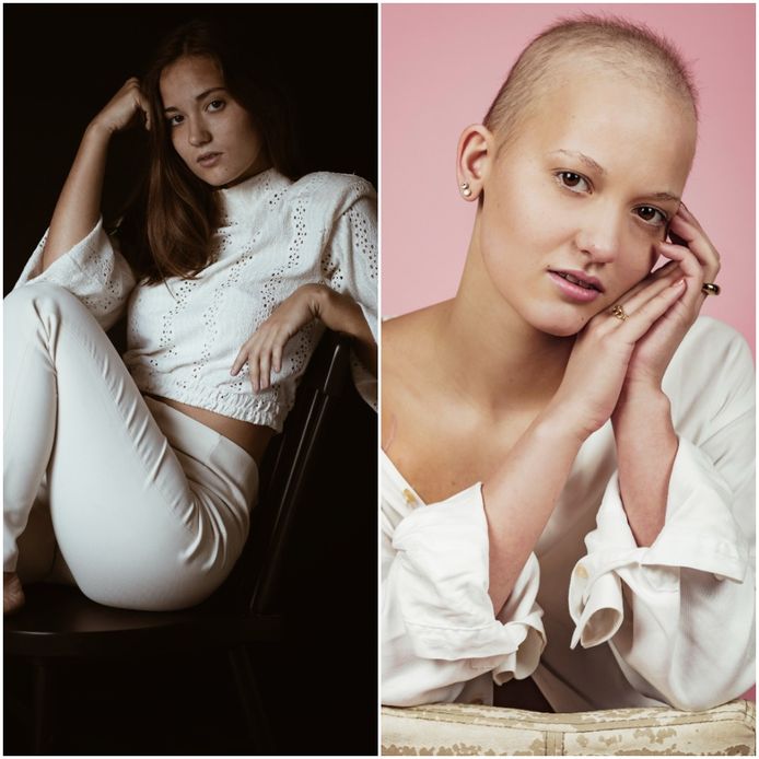 Marie voor en na haar chemobehandeling tegen lymfeklierkanker.
