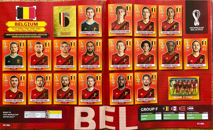 De Panini-selectie voor het WK voetbal in Qatar: geen Boyata, wel bijvoorbeeld Castagne en Doku. De echte selectie van bondscoach Roberto Martinez wordt pas op 14 november bekendgemaakt.