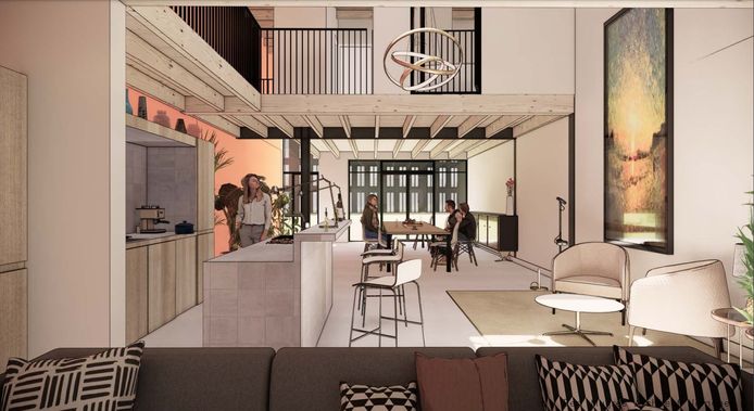 Onder Oude loods omgebouwd tot woning in Nijmegen met vide boven de keuken met kookeiland. Architect Bert Muijres, impressie.