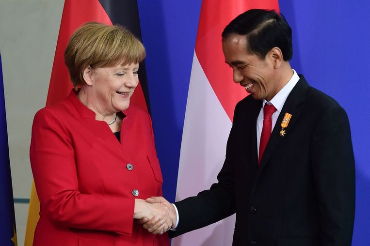 De Duitse bondskanselier Merkel met Widodo. Beeld Afp