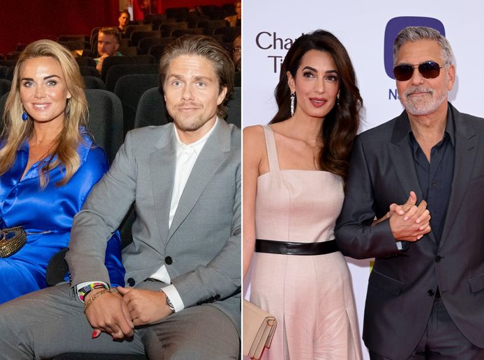 Links: André Hazes (29) en Monique Westenberg (45). Rechts: Amal (45) en George Clooney (62).