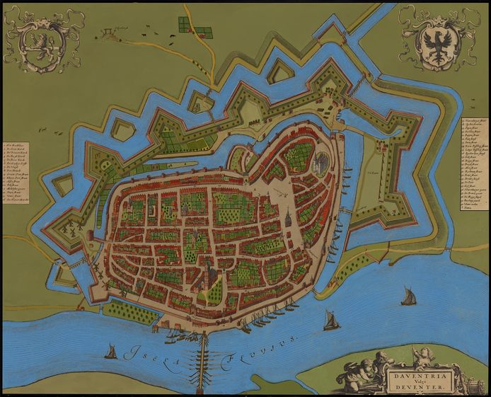 De ingekleurde kaart van het Deventer stadscentrum.