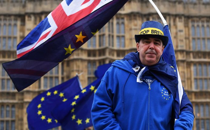 Een man demonstreert tegen de brexit voor het Britse parlement in Londen. Volgens het rapport ligt de groei van de Britse economie bij een voor het Verenigd Koninkrijk gunstig handelsverdrag de komende 15 jaar 5 procent lager dan wanneer het land binnen de EU zou zijn gebleven.