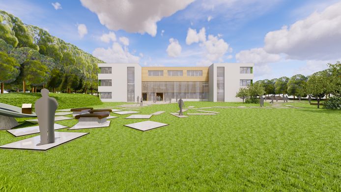 Impressie van het nieuwe uiterlijk van De Passie. In het gras komt een pad van platen die uit het oude pand zijn gesloopt.