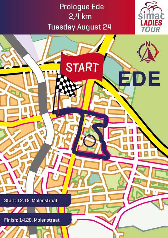 De route van de proloog in Ede, De eerste rit van de Simac Ladies Tour, die begint en eindigt in de Molenstraat, is 2,4 kilometer lang.