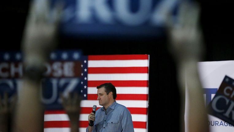 Ted Cruz tijdens een campagnebijeenkomst in Des Moines, Iowa. Beeld reuters