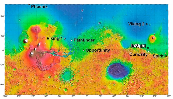 Een overzicht van de diverse landingsplekken van de Mars-missies die NASA ondernam.