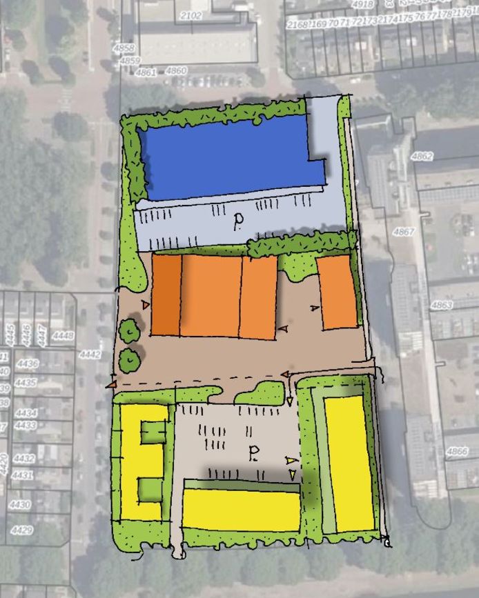 De globale visie zoals die nu voorligt. Blauw is de nieuwe Lidl, oranje het kindcentrum met losse gymzaal en geel de patiowoningen en appartementen.