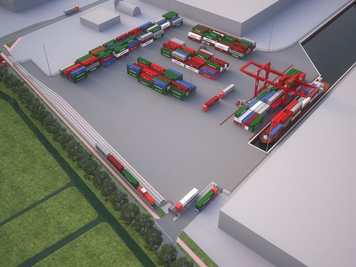Bovenaanzicht van de containerterminal met spoor- en waterverbinding op Loven (impressie).