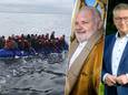 Een beeld van 10 dagen geleden, toen een bootje met 38 transmigranten werd onderschept voor de kust van Koksijde (foto links). De burgemeesters Dedecker van Middelkerke (foto midden) en De fauw van Brugge (foto rechts) geloven niet in de nieuwe Britse wet.