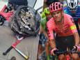 Links: de fiets van Amador is totaal vernield. / Rechts: Amador in het truitje van EF, waarvoor hij sinds 2023 rijdt.
