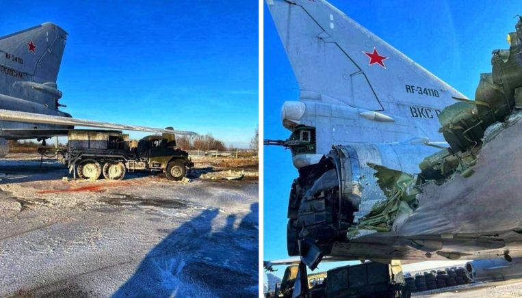 De schade aan een militaire truck en een gevechtsvliegtuig op de Russische militaire basis van Dyagilevo. Beeld rv