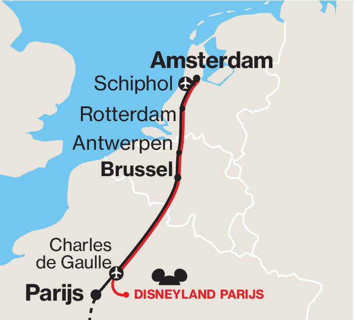 The Thalys route between Amsterdam, Brussels and Paris.  Since 2019, the bullet train also visits Disneyland Paris.