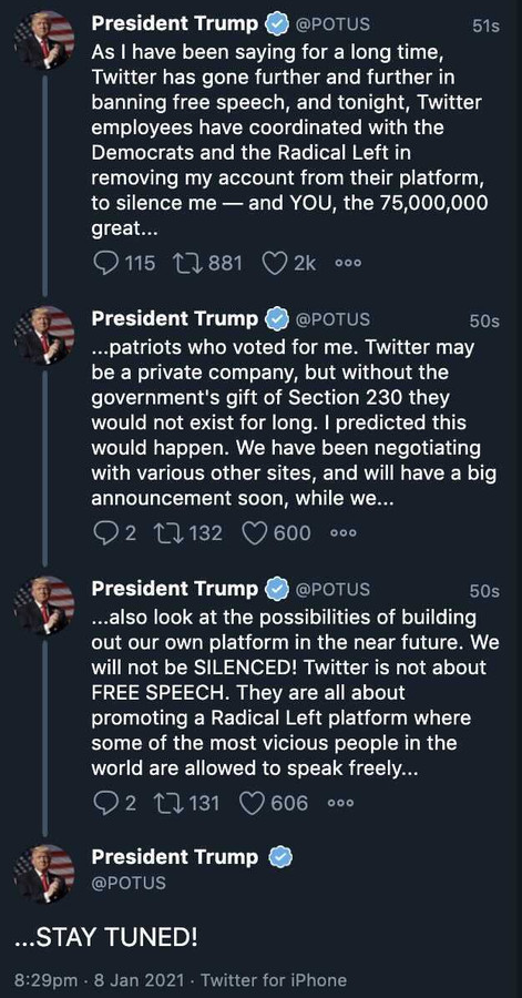 Les tweets de Donald Trump publiés sur le compte @POTUS après la suspension de son compte privé ont également été supprimés