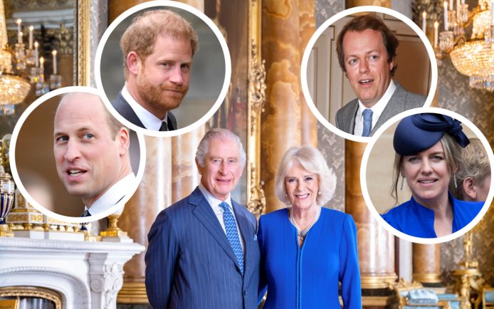Charles en Camilla en hun uitgebreide familie. Links prinsen Willam en Harry, rechts Tom en Laura