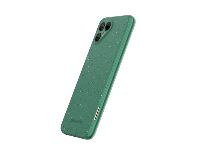 De Fairphone 4 is te koop in het zwart, groen en deze versie met gespikkeld groen.