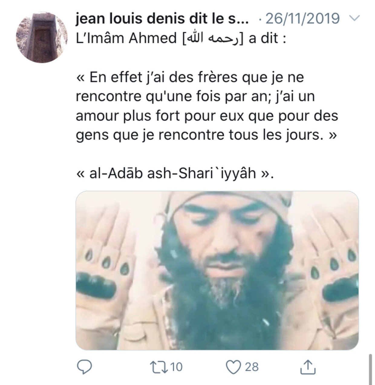 Jean-Louis Denis op Twitter met een citaat bij een foto uit een IS-video. Beeld RV