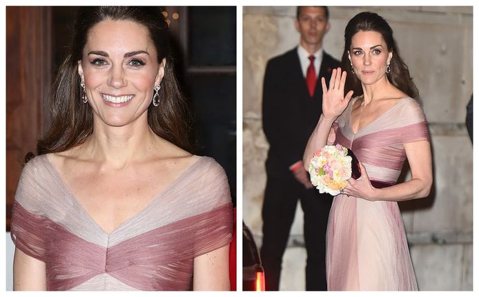 Kate Middleton in een roze jurk van Gucci.