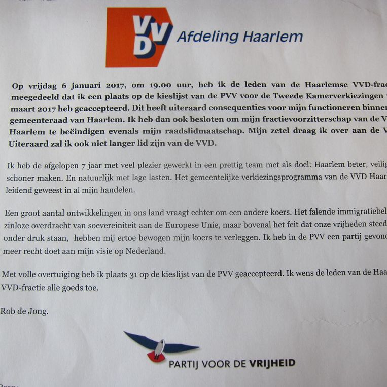 De brief van Rob de Jong. Beeld  
