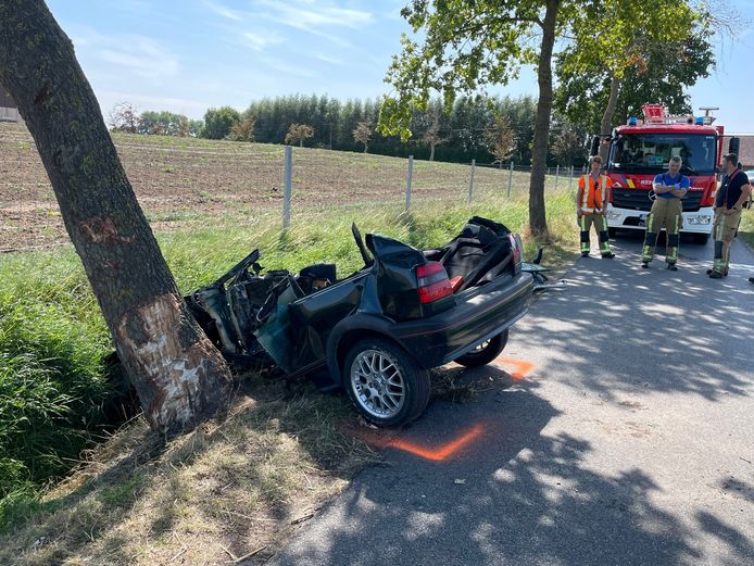 De Volkswagen Polo belandde langs de Oostrozebekestraat in Markegem (Dentergem) aan de linkerkant van de weg tegen een boom.