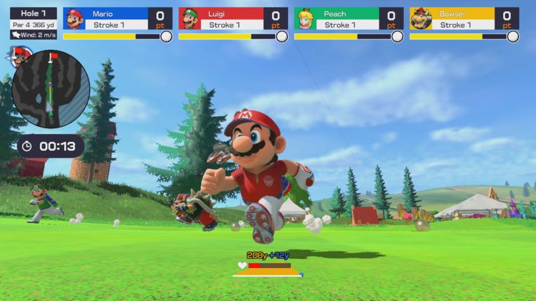 'Speed golf' is het opmerkelijkste onderdeel in Mario Golf: Super Rush. Beeld Nintendo