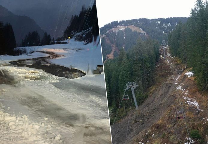 Door de zware regenval van de afgelopen dagen raakte de infrastructuur van het skigebied in Châtel zwaar beschadigd.