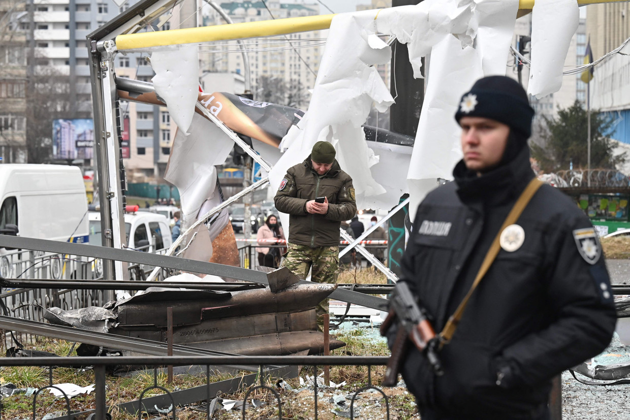 Police and security forces are investigating the remains of a missile in the streets of the Ukrainian capital, Kiev.  AFP photo