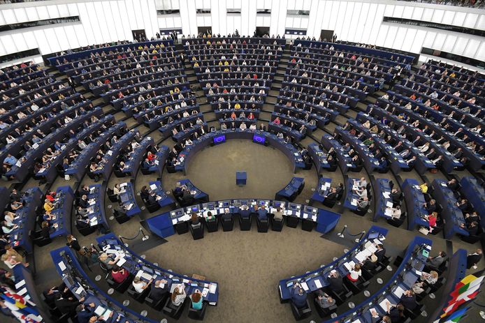 De plenaire zittingszaal in het Europees parlement in Straatsburg.