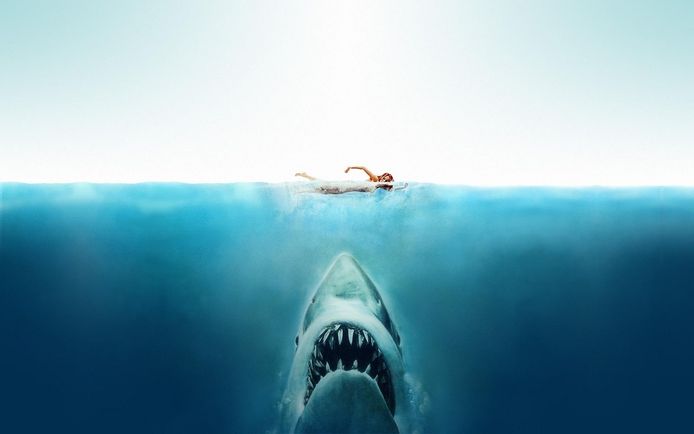 De iconische filmposter van Steven Spielbergs kaskraker Jaws.