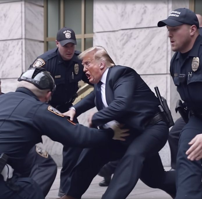 Een nepbeeld van hoe de arrestatie van Trump er zou kunnen uitzien.